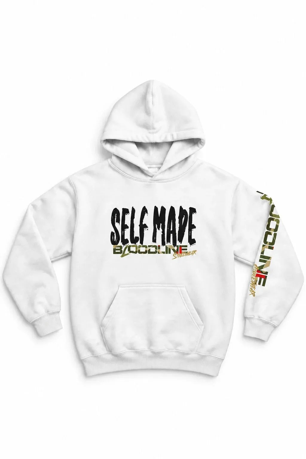 White hoodie with 'Self Made' text and colorful sleeve design on a white background